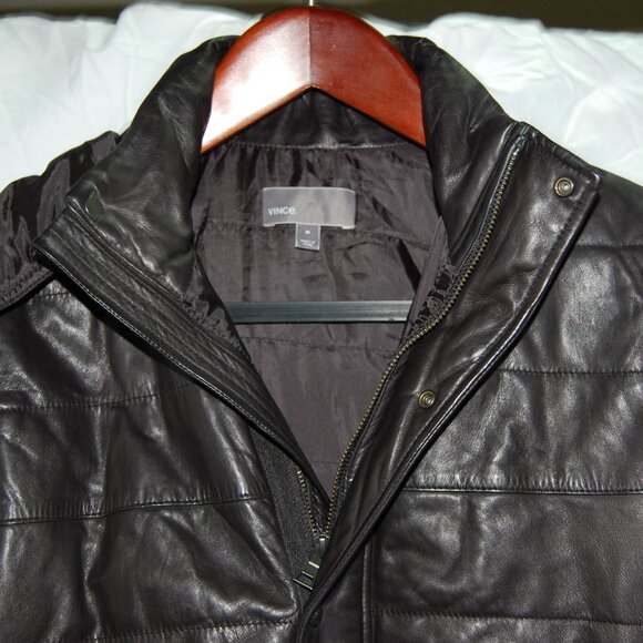 VINCE 🔥 Men's M Black Leather Hooded Puffer Down Jacket Hoodie Light Jacket - Picture 6 of 12